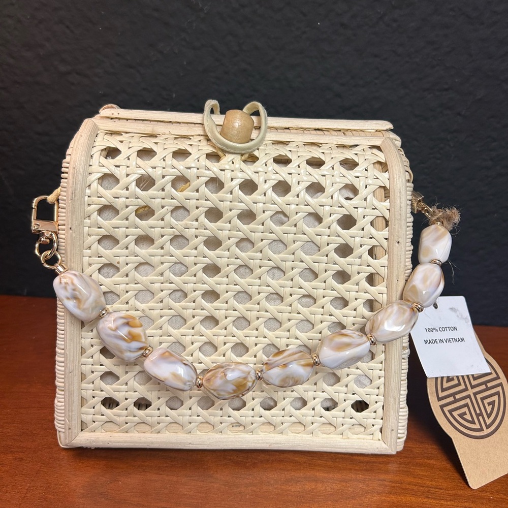 Tommy Bahama Cream Woven Crossbody Bag with Pearl Bead Strap